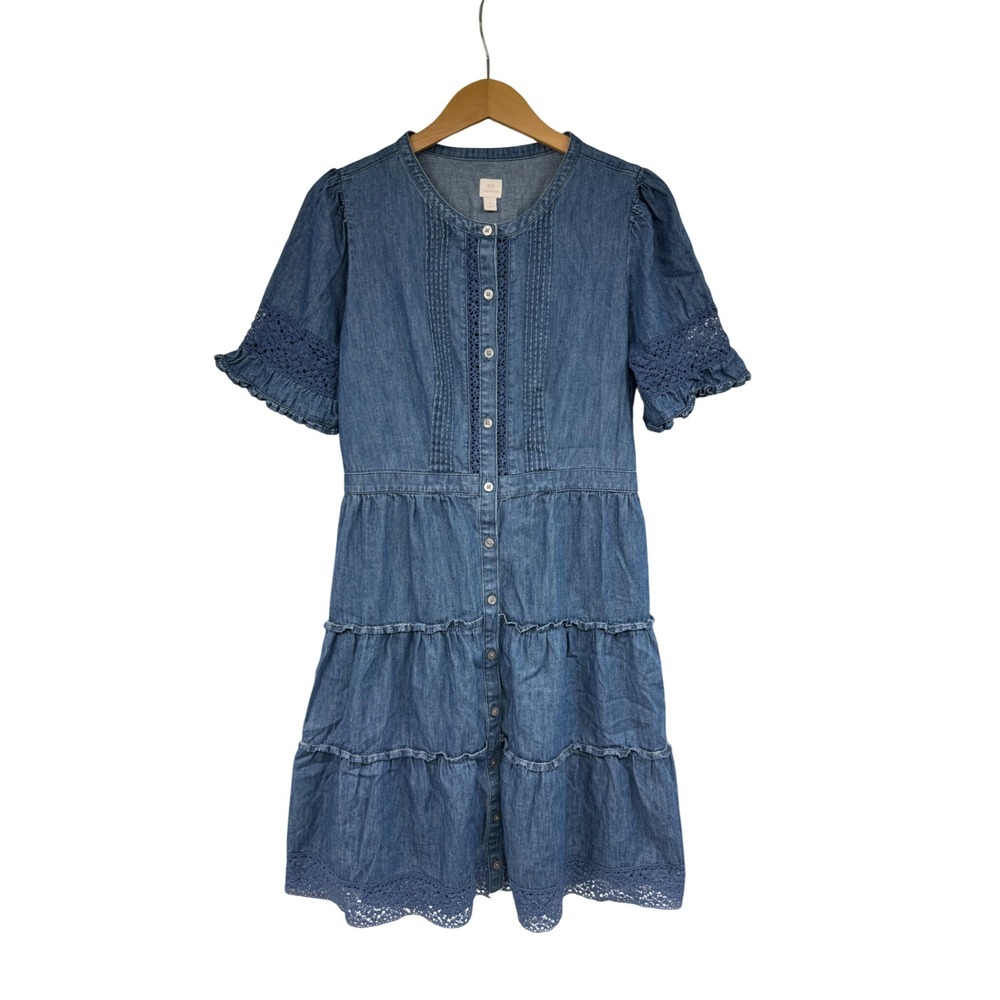 Gap x LoveShackFancy Denim Mini‎ Dress Blue Lace Tiered Button Front Small